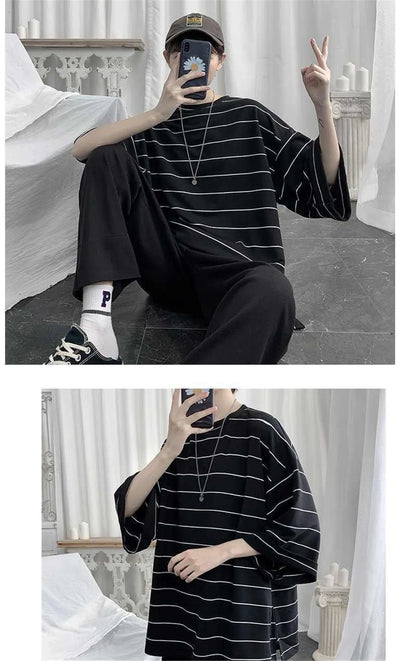 2026 Summer Oversized T-Shirt Men Funny Harajuku Tshirt Streetwear Femme Striped Japan Hip Hop Loose Half Sleeve T Shirts Male