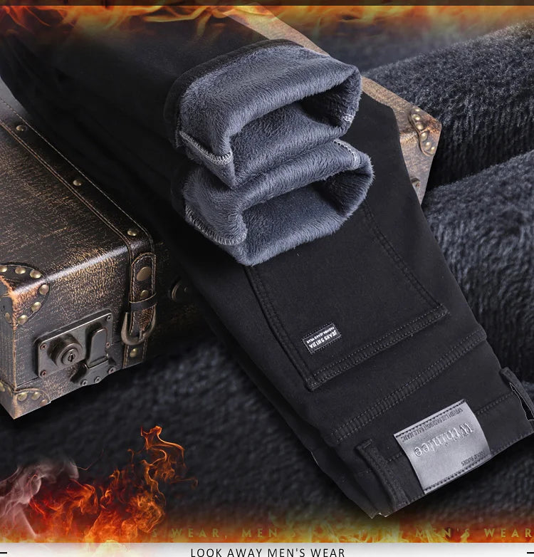 2025 New Winter Pure Black Fleece Thick Warm Jeans Men's loose Straight Elastic Denim Pants classics Casual Plush Trousers