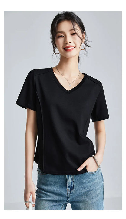 Summer Women's White Mercerized Cotton T-Shirt | 3D Stitching Round Neck Basic Top | Plus Size Slim Fit Layered Casual Blouse