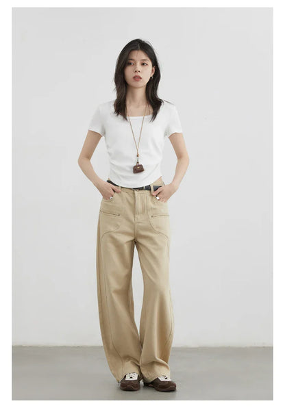 Women Jeans Solid Loose Casual New Split Wide Leg Denim Pant Workwear Female Trousers Spring Autumn 2025