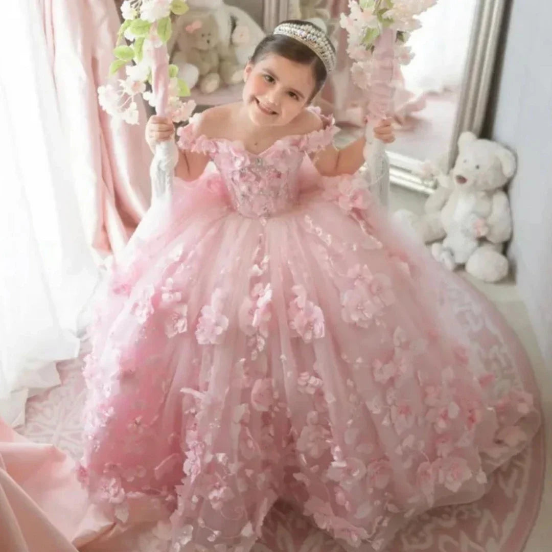 Pink 3d Applique Flower Girl Dress For Wedding Off Shoulder Luxurious Pearls Tulle Child First Eucharistic Birthday Party Dress