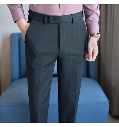 High Qualitys Wool Elastic Waist Striped Suit Pants Autumn Winter Thickening Men Business Slim Fit Social Casual Trousers Hommes