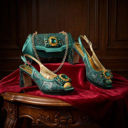 2026 Italian Luxury Rhinestone Taro Royal Blue Open Toe High Heel Shoe And Bag Set for Women - Perfect for Parties Wedding