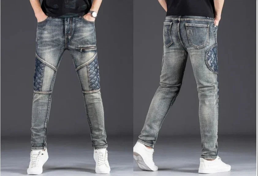 Streetwear Men's Motorcycle Jeans Stretch Nostalgic Fashion Casual Denim Trousers Slim Straight Patchwork Washed Cowboy Pants