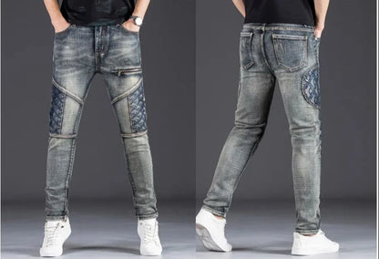 Streetwear Men's Motorcycle Jeans Stretch Nostalgic Fashion Casual Denim Trousers Slim Straight Patchwork Washed Cowboy Pants