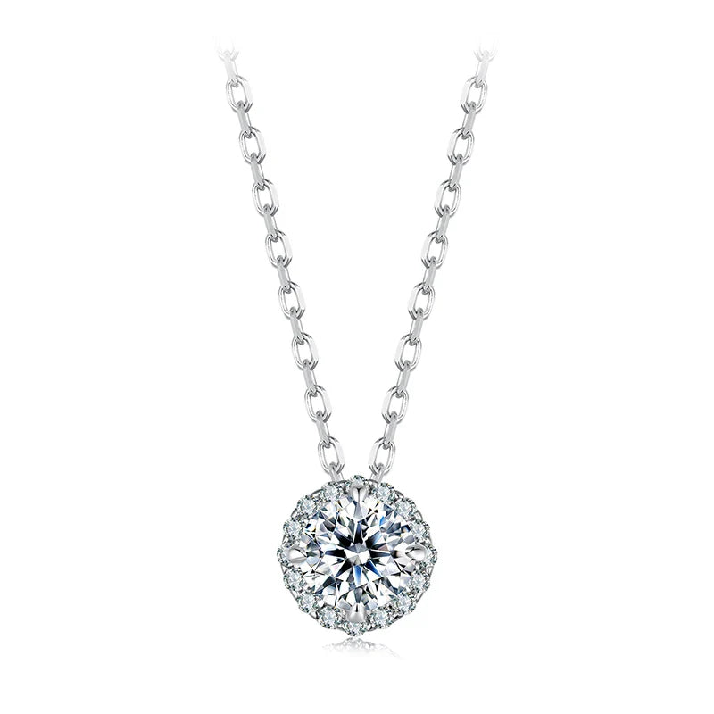 925 Sterling Silver Round Halo Moissanite Necklace, White Gold Plated Classic Elegant Necklace Engagement Jewellry Gift