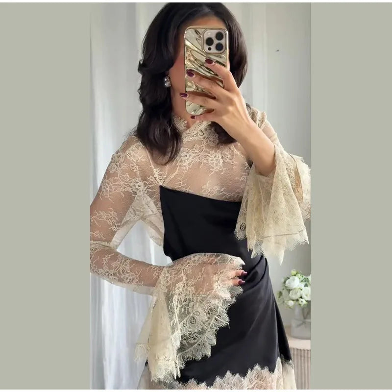 Elegant Lace Trim Satin Dress Women High Neck Color Block Full Sleeve Y2K Mini Dresses 2026 Spring Lady New Sexy Party Clubwear