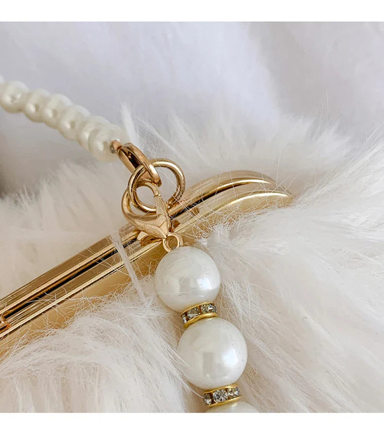 Luxury Faux Fur Evening Bag Pearl Chain Trendy Long Tassel Plush Shoulder Bag Large Capacity Tote Wedding Handbag XA48ZZ