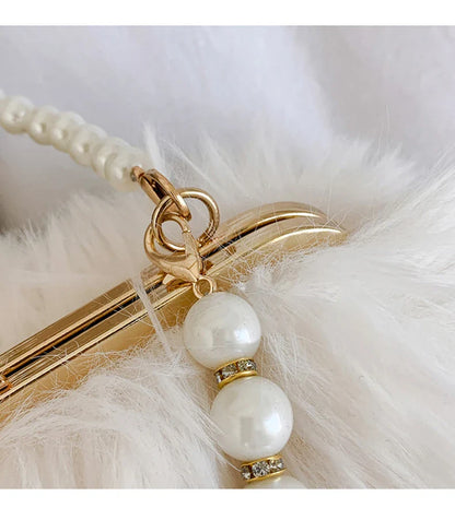 Luxury Faux Fur Evening Bag Pearl Chain Trendy Long Tassel Plush Shoulder Bag Large Capacity Tote Wedding Handbag XA48ZZ