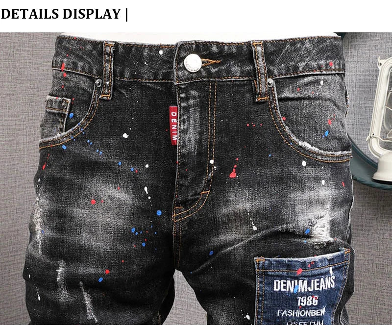 Fashion Streetwear Men Jeans Retro Black Blue Elastic Slim Fit Ripped Jeans Men Spliced Designer Embroidery Hip Hop Denim Pants