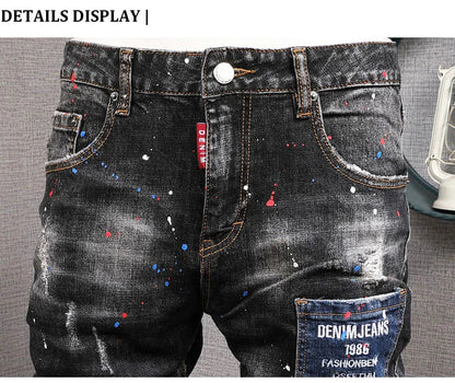 Fashion Streetwear Men Jeans Retro Black Blue Elastic Slim Fit Ripped Jeans Men Spliced Designer Embroidery Hip Hop Denim Pants
