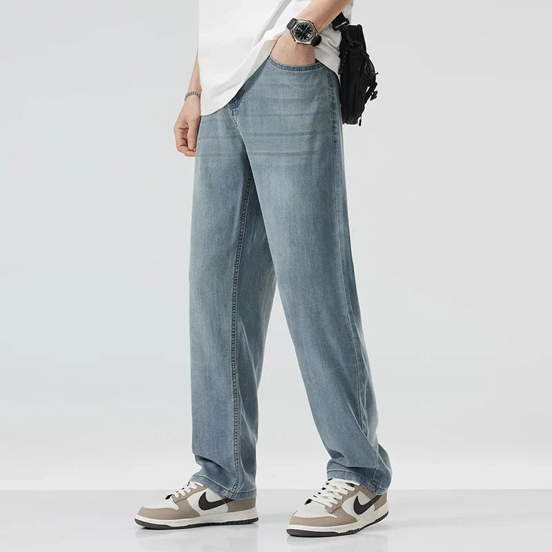 New Summer Thin Soft Lyocell Fabric Men's Jeans Classic Straight Denim Pants Work Wide Leg Casual Trousers Male Big Size 40 42