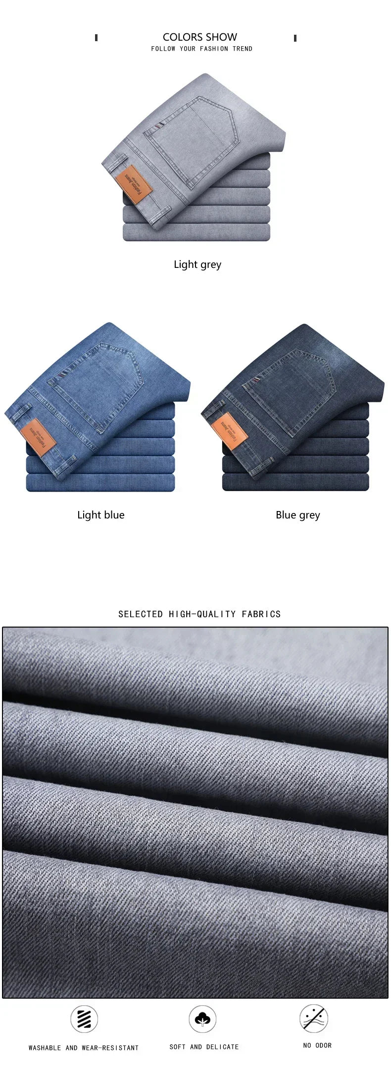 Summer Brand Men's Fit Straight Lightweight Cotton Stretch Jeans Business Casual High Waist Thin Light Grey Jeans mens pants