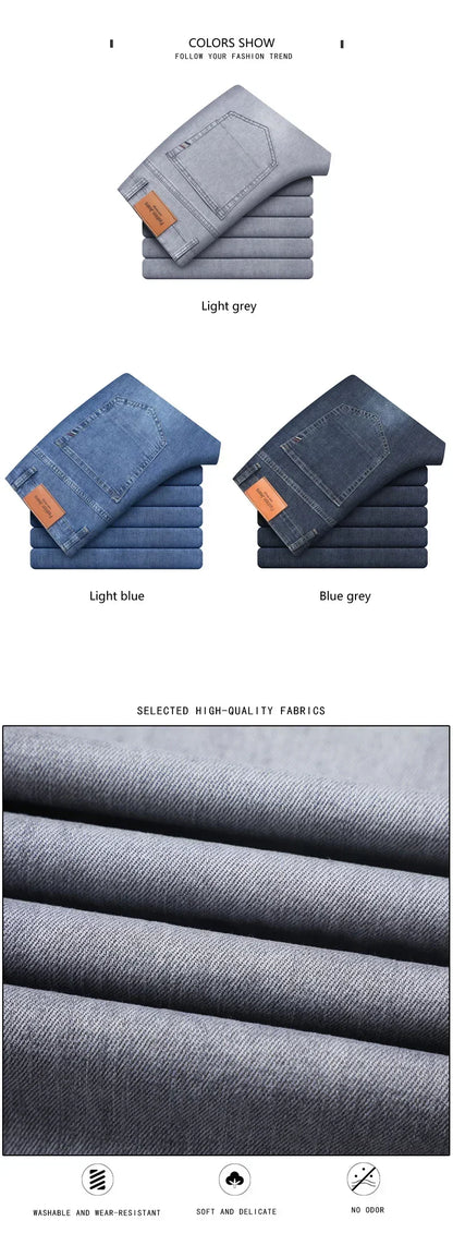 Summer Brand Men's Fit Straight Lightweight Cotton Stretch Jeans Business Casual High Waist Thin Light Grey Jeans mens pants