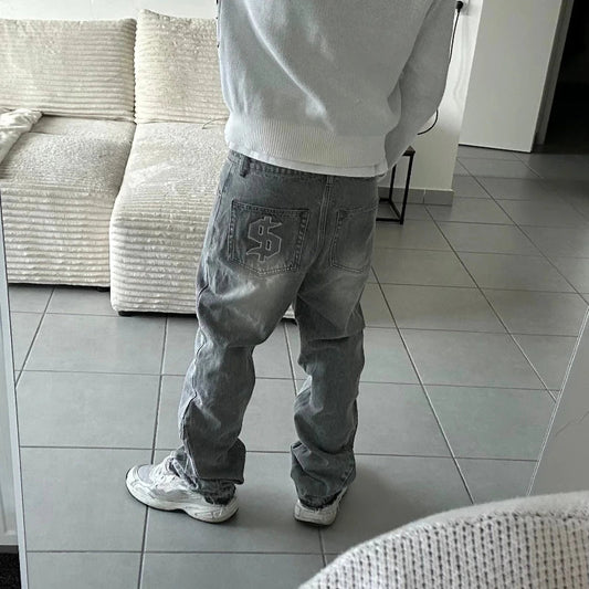 Dollar Pattern Embroidery Retro Jeans Men Y2K Splice Hip Hop Baggy Pants Gothic Streetwear Fashion Low Rise Jeans Clothing New