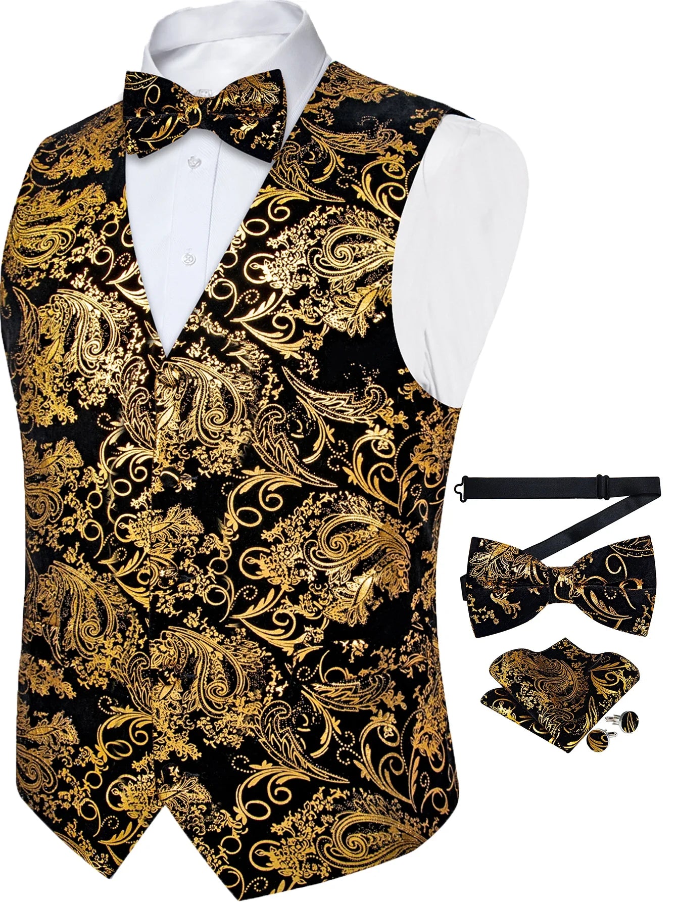 Retro Paisley Floral Full Set with Bowtie Pocket Square and Cufflinks Banquet Essential