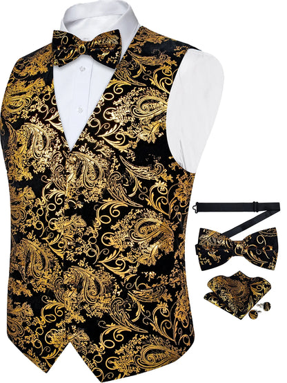 Retro Paisley Floral Full Set with Bowtie Pocket Square and Cufflinks Banquet Essential