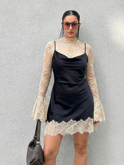 Women Elegant Fashion Lace Patchwork Dress Flare Sleeve Slim Mini Dresses 2026 Spring Summer Lady Sexy Party Evening Dress