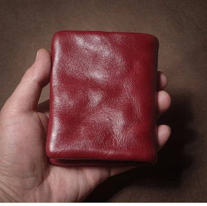 Retro Genuine Leather Short Wallet Men and Women Bifold Money Clip Credit Card Holder with Zipper Coin Pocket Small Purse