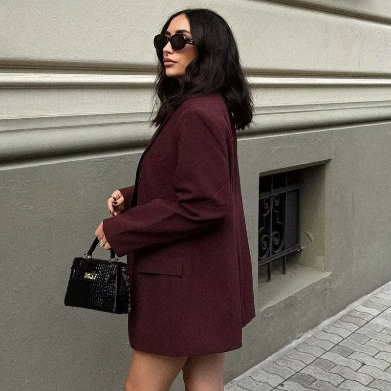 2025 Women's Red Blazers Office Wear Woman Elegant Burgundy Fitted Outerwears Chic Suit Jacket High Quality Women's Blazer