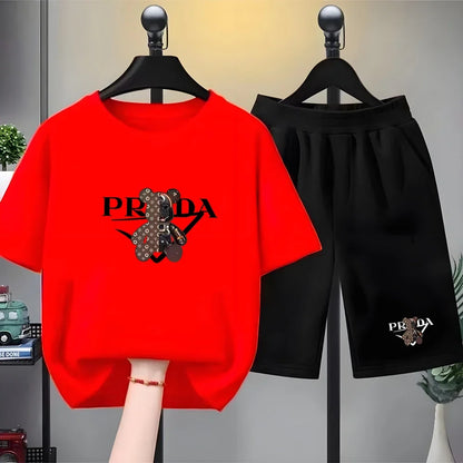 Kids Little Bear Letters T-shirt Summer Clothing Short-Sleeved Top+Shorts Boy Girl 3-12Yrs Casual Set Two-Piece Black-White