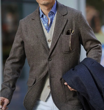 Spring Men's Peaky Blinders British Retro Tweed Wool Herringbone Hunting Casual Blazer
