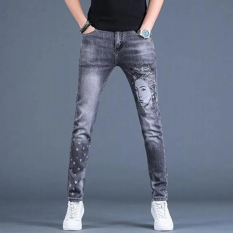 Harajuku Fashion Men's High-end Embroidered Jeans Korean Style Prints Patches Slim Fit Casual Spring Autumn Cowboy Trousers