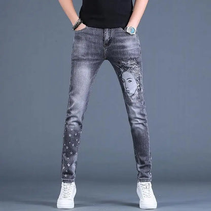 Harajuku Fashion Men's High-end Embroidered Jeans Korean Style Prints Patches Slim Fit Casual Spring Autumn Cowboy Trousers