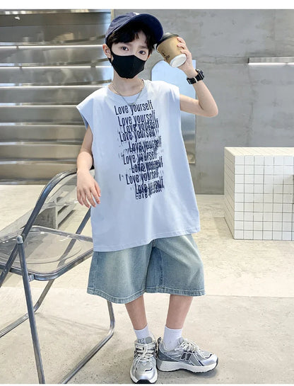 2025 New Summer Outfit Sets for Boys Sleeveless Tshirt And Denim Shorts 2 Pieces Tracksuit Kids Child Stylish Sports Suits 5-14Y