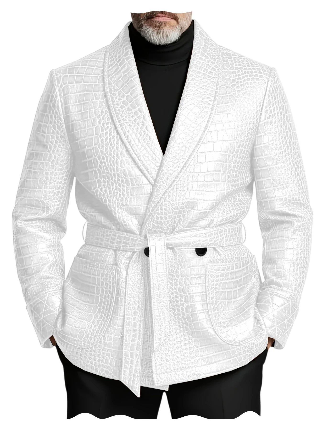  Men's Crocodile Pattern Leather Blazer Double Breasted Belted Shawl Collar Jacket Business Formal Party Wedding Casual Wear
