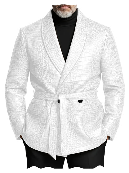  Men's Crocodile Pattern Leather Blazer Double Breasted Belted Shawl Collar Jacket Business Formal Party Wedding Casual Wear