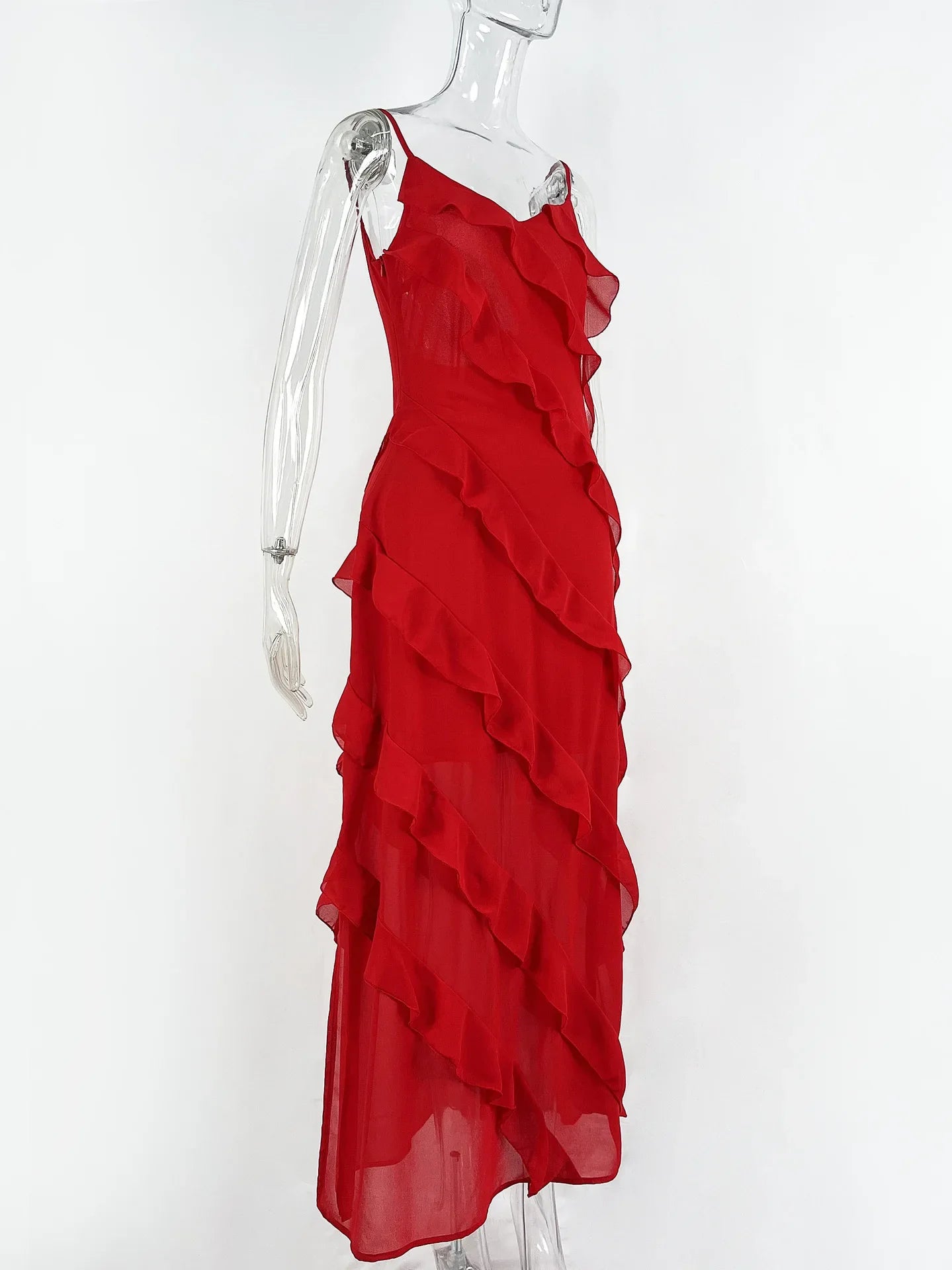 2024 Summer Fashion New Elegant Women's Sexy Chiffon Vacation Style Sling Dress with Ruffle Edge Style Long Dress