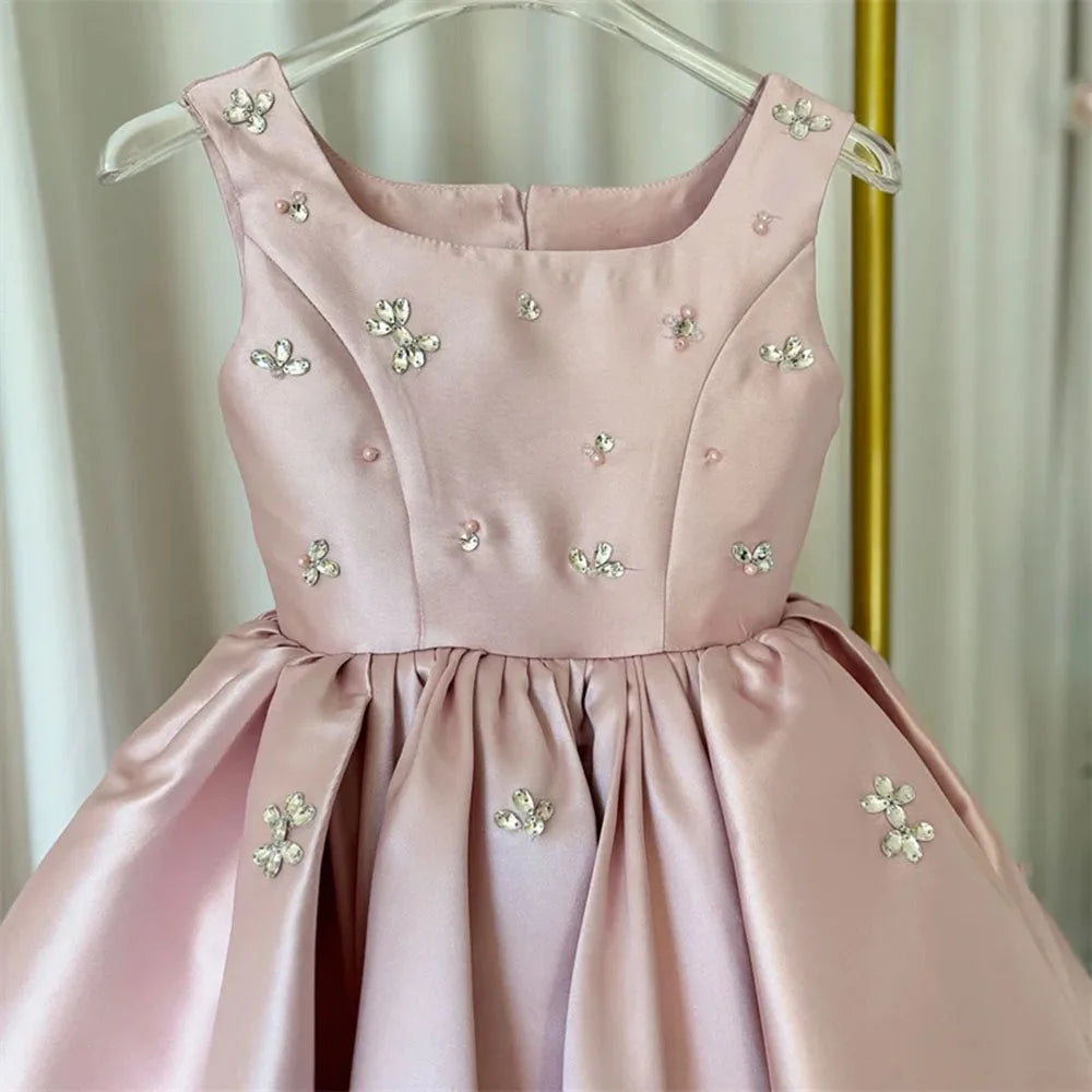 Kids Princess Satin Crystals Pearls Flower Girl Dress Children First Communion Dress Ball Gown Wedding Party Dress Birthday Show