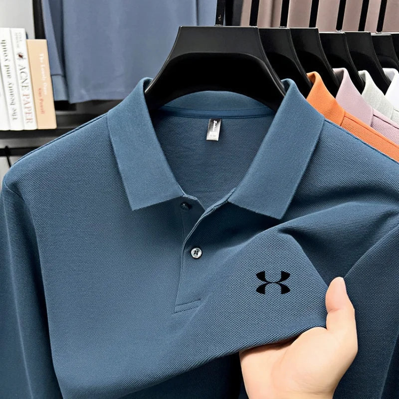Men's brand polo shirt letter printed long sleeved top spring new 100% cotton casual sports breathable lapel fashionable T-shirt