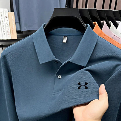 Men's brand polo shirt letter printed long sleeved top spring new 100% cotton casual sports breathable lapel fashionable T-shirt