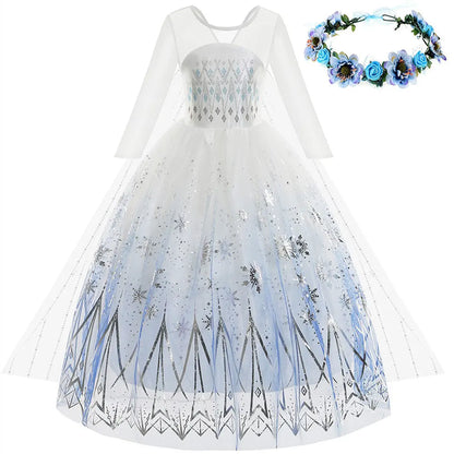 Halloween White Frozen Costumes for Girl Cosplay Elsa Princess Dress Long White Dress Halloween Carnival Dress Fire Spirit Olaf