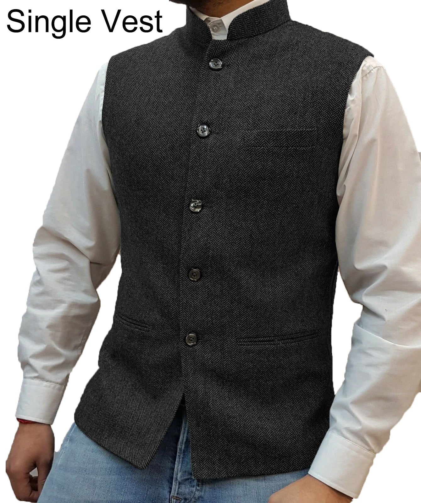 Suit Vest Men Vintage Slim Solid Stand Collar Vest Tops Male Business Casual Sleeveless Jackets Man Wedding Waistcoat