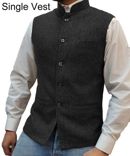 Suit Vest Men Vintage Slim Solid Stand Collar Vest Tops Male Business Casual Sleeveless Jackets Man Wedding Waistcoat