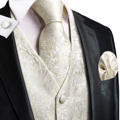 Beige Yellow Silk Mens Vest Hanky Cufflinks Set Jacquard Floral Social Waistcoat Sleeveless Jacket for Wedding Business