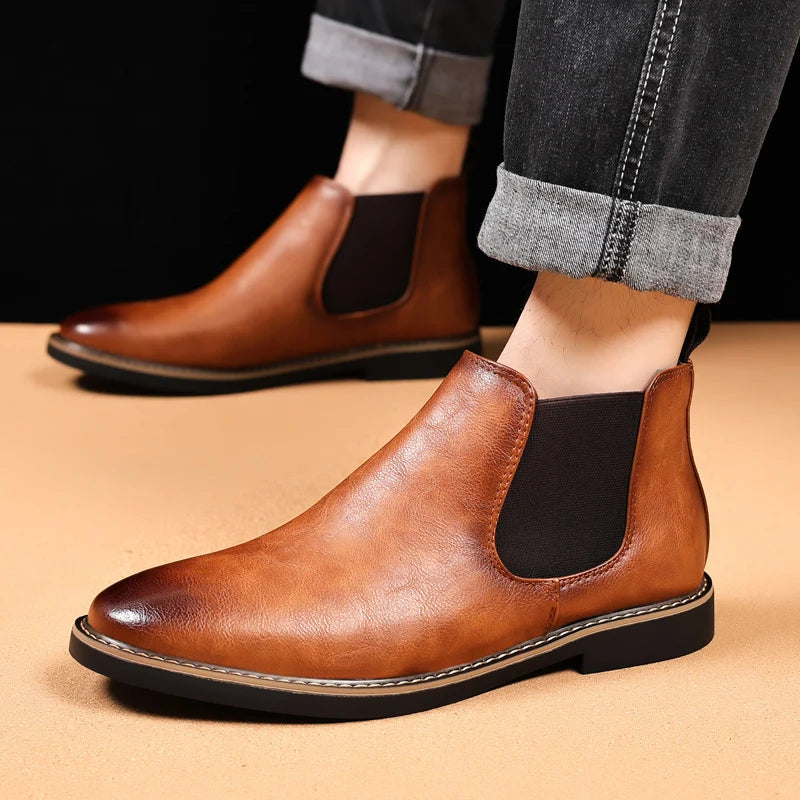 39~47 Men Chelsea Boots Brand Retro Comfortable PU Leather Ankle Boots Men 2025 Fashion Black Brown Mens Boots