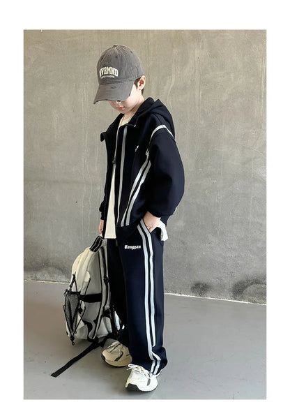 SpringAutumn Boys Navy Striped Zip Sweatshirt Jacket+Sweatpant Work Set School Kids 2PCS Tracksuit Children Jogger Outfit 5-16Yr