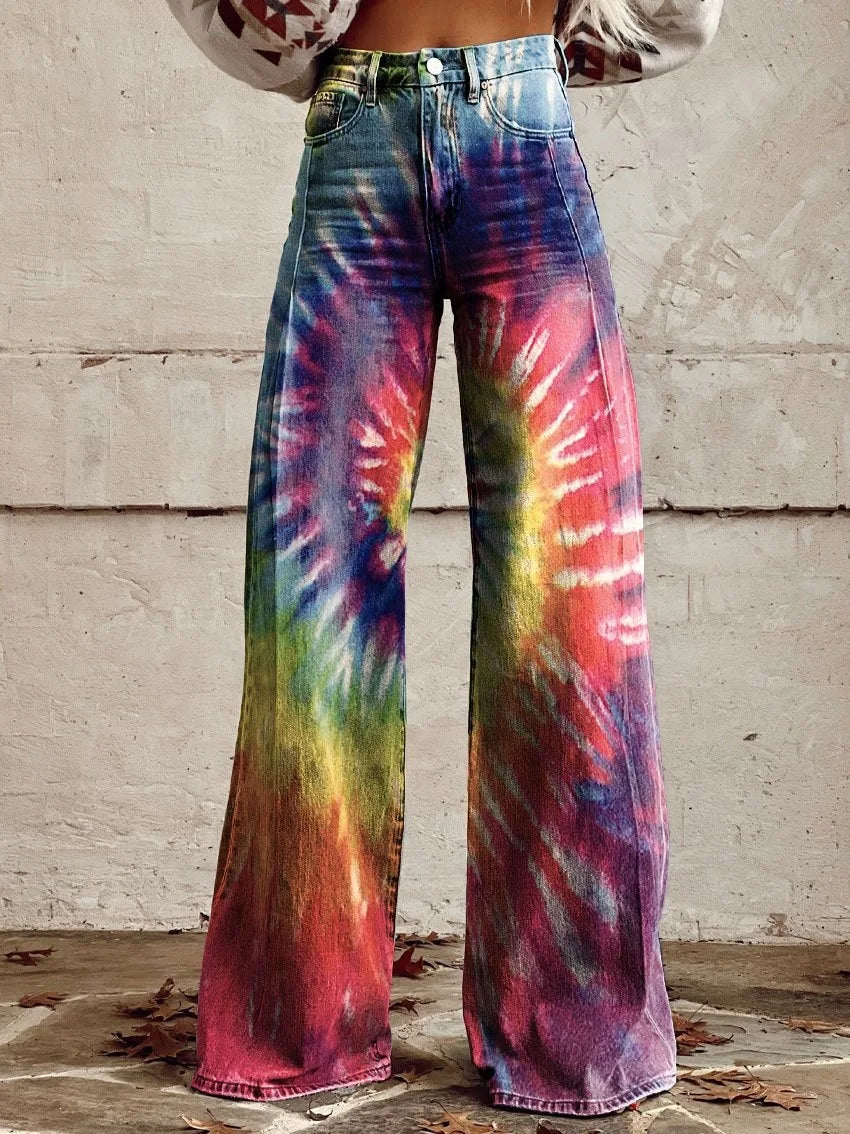 Women's Fashion Casual Trendy Faux Denim Pants Stylish Loose Fit High Waist Trousers