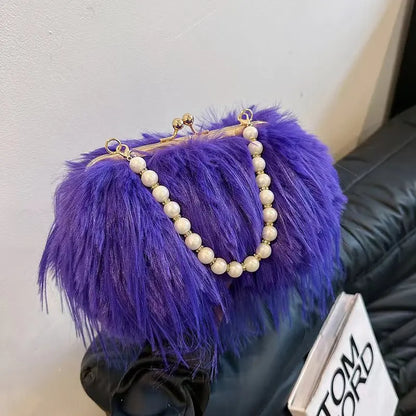 Luxury Faux Fur Evening Bag Pearl Chain Trendy Long Tassel Plush Shoulder Bag Large Capacity Tote Wedding Handbag XA48ZZ