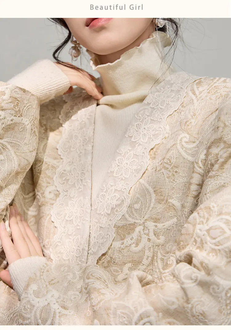 Women's Jacquard Blazer Lace Patchwork Frog Button Jacket Chinese Style Slim Fit Elegant Office Wear Spring Autumn Coat