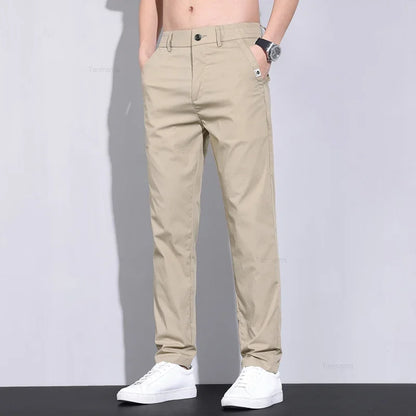 Ultra-thin Elastic Men's Casual Pants 2024 Summer Ice Silk Cotton Fashion Slim Straight Business Trousers Black Gray Khaki