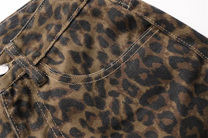 High Waisted Leopard Print Jeans for Women Y2k Retro Streetwear Denim Pants Hip Hop Straight Wide Leg Baggy Jeans