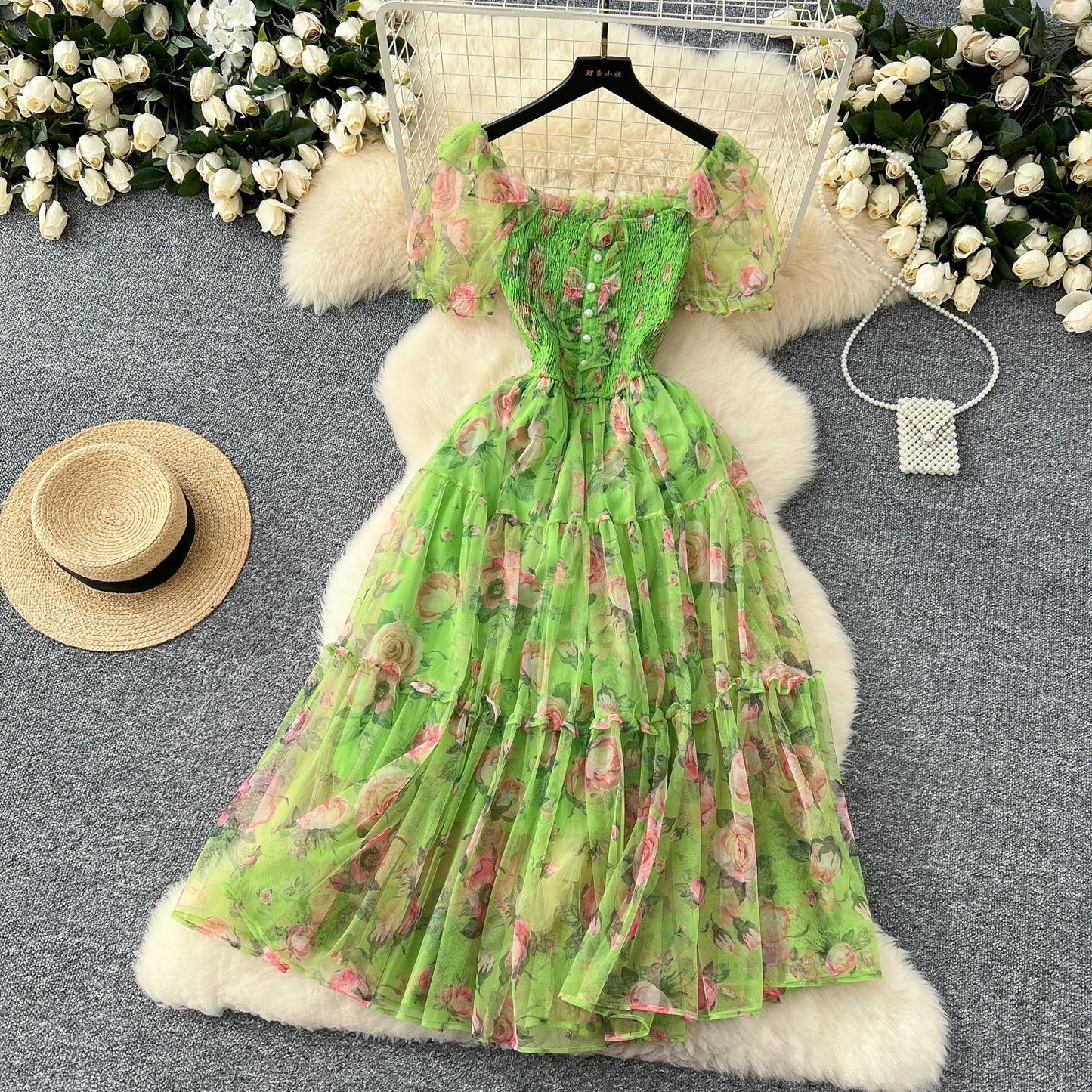 Retro Floral Chiffon Dr Women's Waist Cinched Bubble Sve Me Skirt Tea Break Gentle Soft Sle Korean High Waist A-Lin...