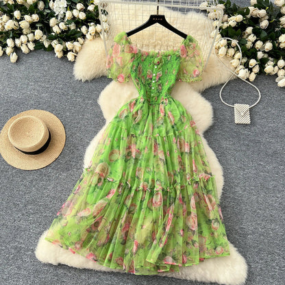 Retro Floral Chiffon Dr Women's Waist Cinched Bubble Sve Me Skirt Tea Break Gentle Soft Sle Korean High Waist A-Lin...