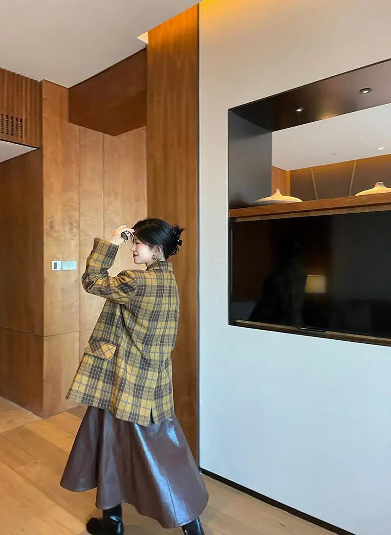 Women's Mid-Length Plaid Wool Coat 2025 Autumn Winter Arrival, Korean Style Warm Blazer, Trendy Yellow Brown Checkered Jacket