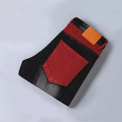 Men's Elastic Patch Style Jeans Black Red Design Slimming Men's Clothing Cozy Denim Pants Personalized Hip Hop Trend Trousers